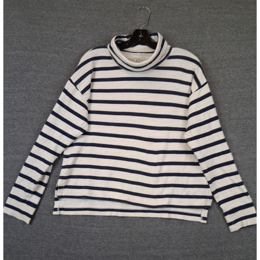 J Crew Womens Sweater S Blue Stripe Breton Fleece Turtleneck Nautical Coastal
